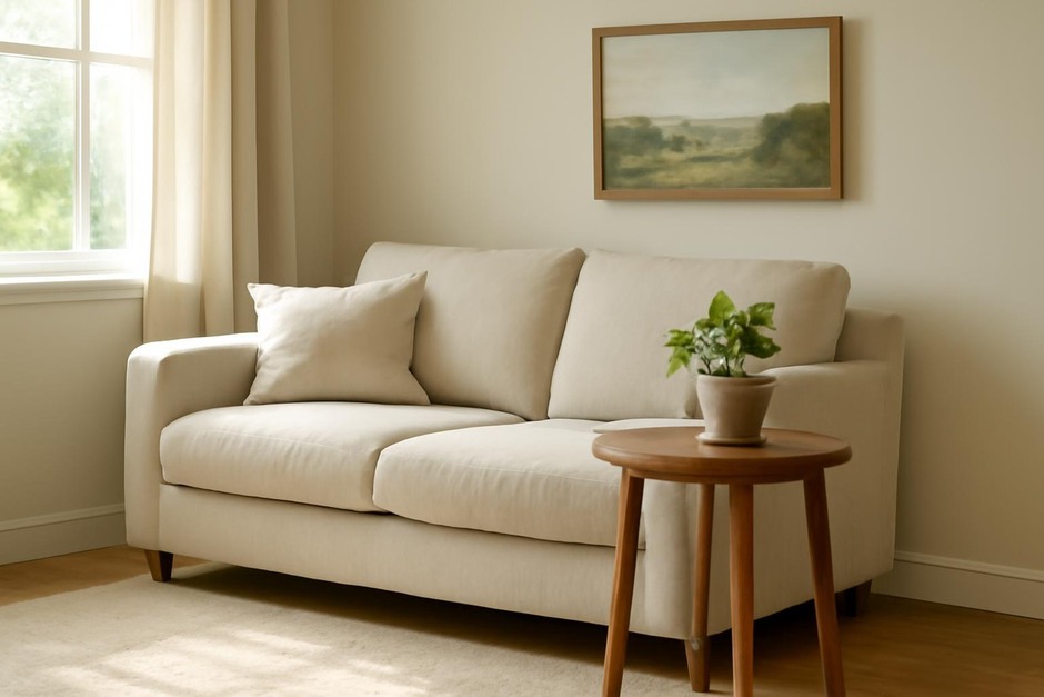 A tidy, sunlit living room with a small plant on a side table
