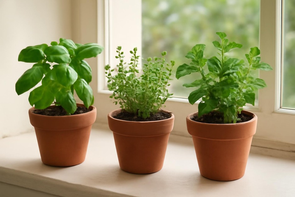Three small pots with basil, thyme, and mint on a windowsill